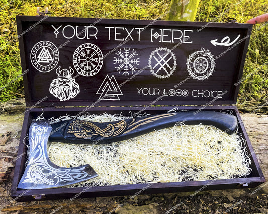 Dragon Engraved Viking Axe With Personalized Wooden Gift Box