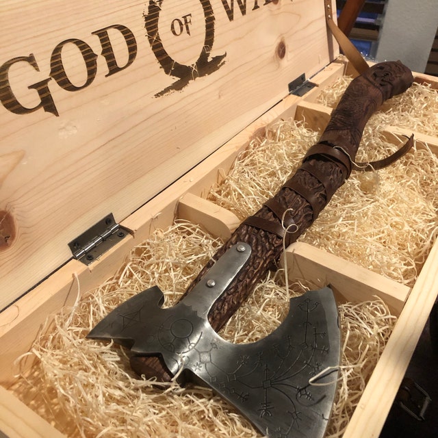 Leviathan axe with wooden box, Forged Kratos axe, Engraved Leviathan, Kratos axe gift