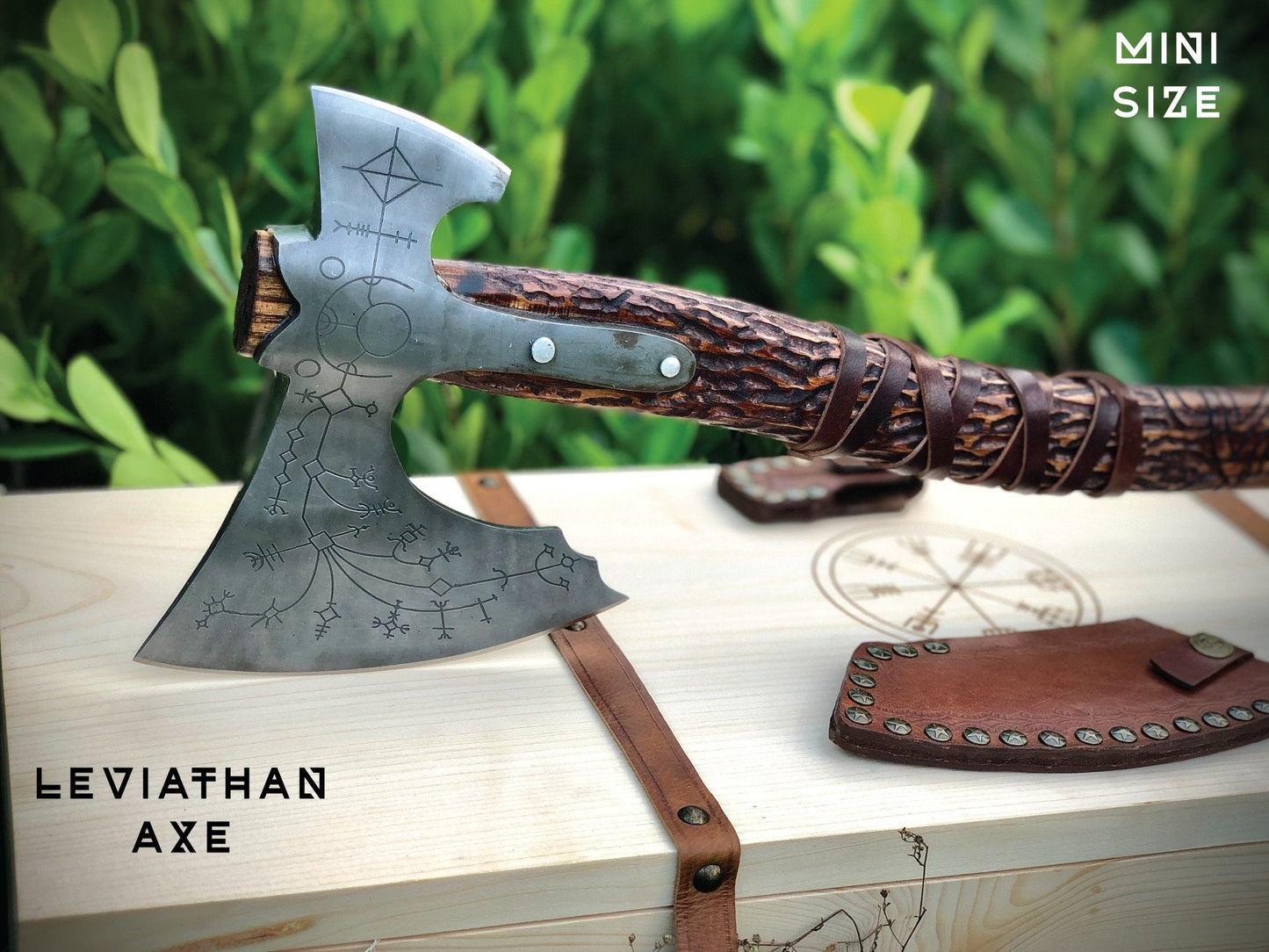 Leviathan axe with wooden box, Forged Kratos axe, Engraved Leviathan, Kratos axe gift