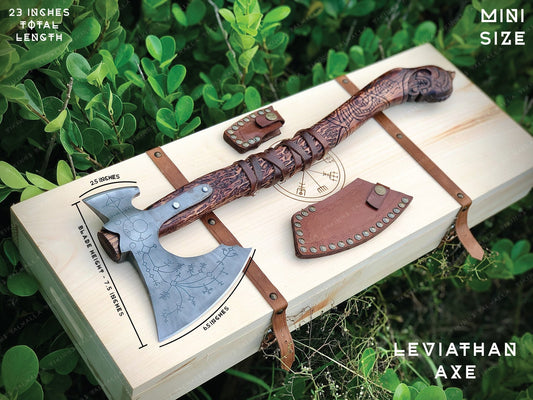 Leviathan axe with wooden box, Forged Kratos axe, Engraved Leviathan, Kratos axe gift